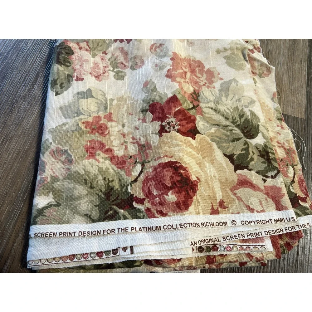 Richloom Floral Fabric 2.7 Yards Burgundy Sage Cream‎ Rose Cottagecore Textile